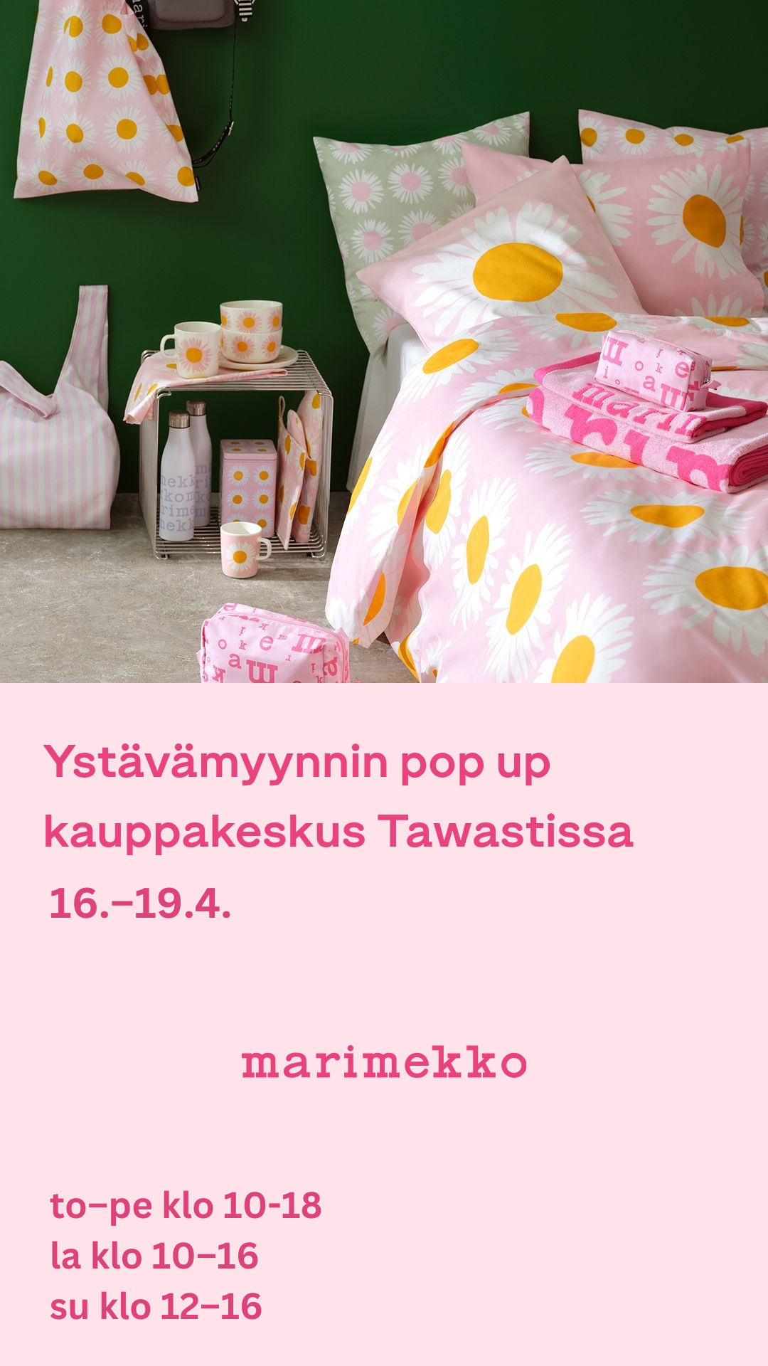 Marimekon Ystävämyynnin popup 16.–19.4.2026 Tawastilla