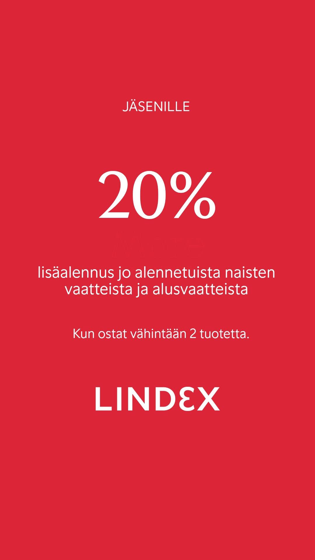 Lindexillä lisäalennus jo alennetuista naisten vaatteista ja alusvaatteista -20 %, kun ostat vähintään kaksi tuotetta